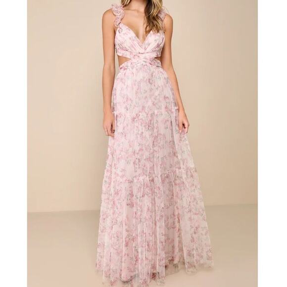 Lulus NWOT Ethereal Love Blush Floral Pleated Tiered Tie-Back Mesh Maxi Dress XS - Picture 1 of 10